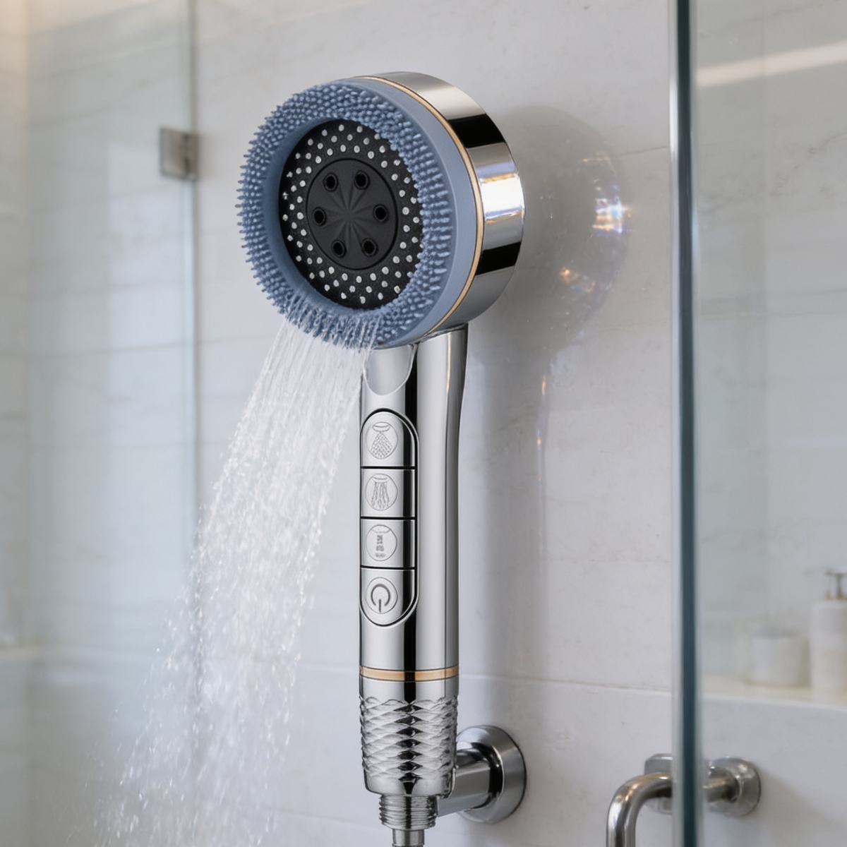 Chrome shower head with blue silicone nozzle tips running at full spray