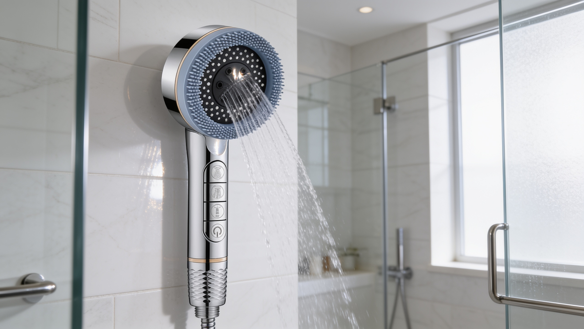 Silver massage shower head with silicone tips around the face