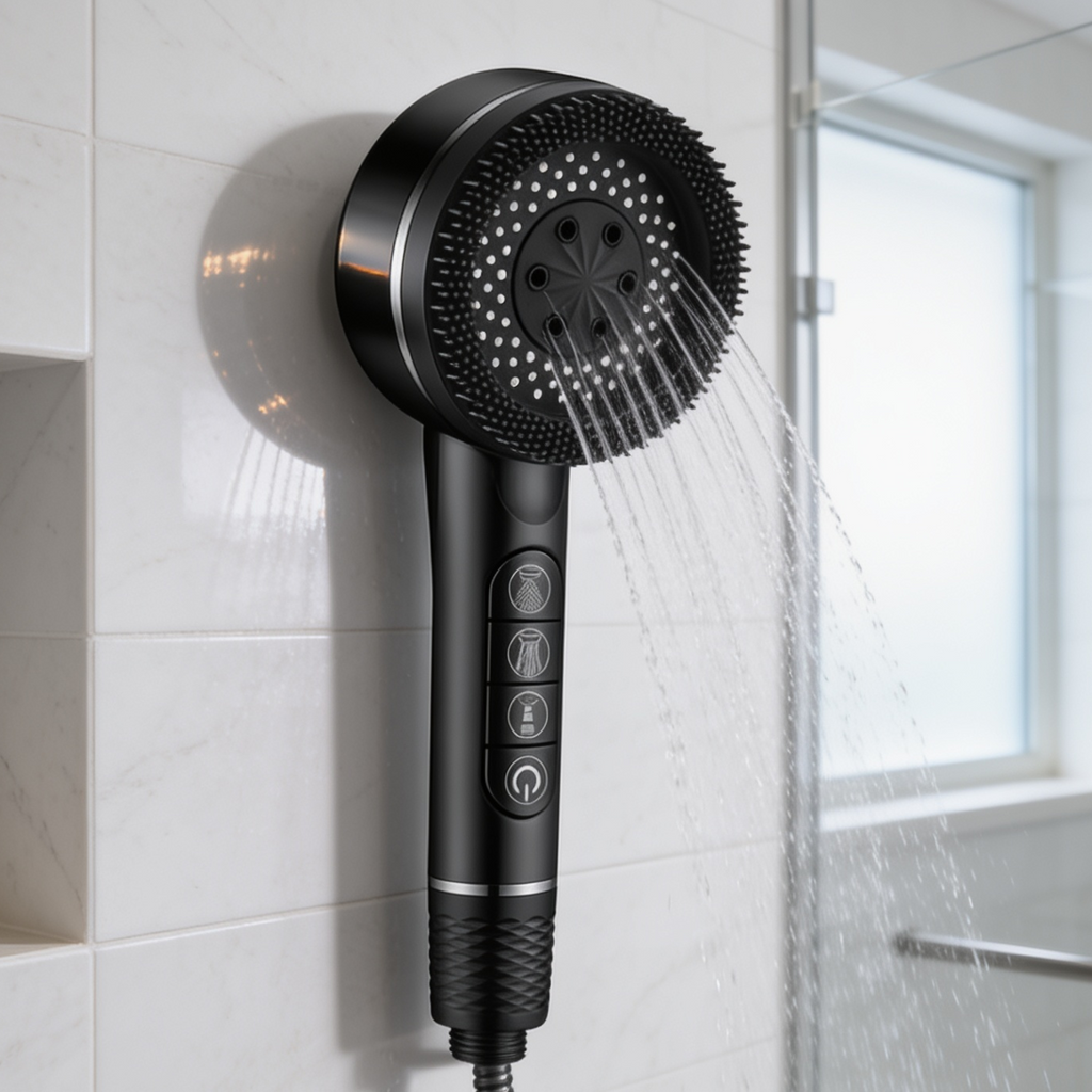 Black handheld shower head spraying water against a tiled shower wall