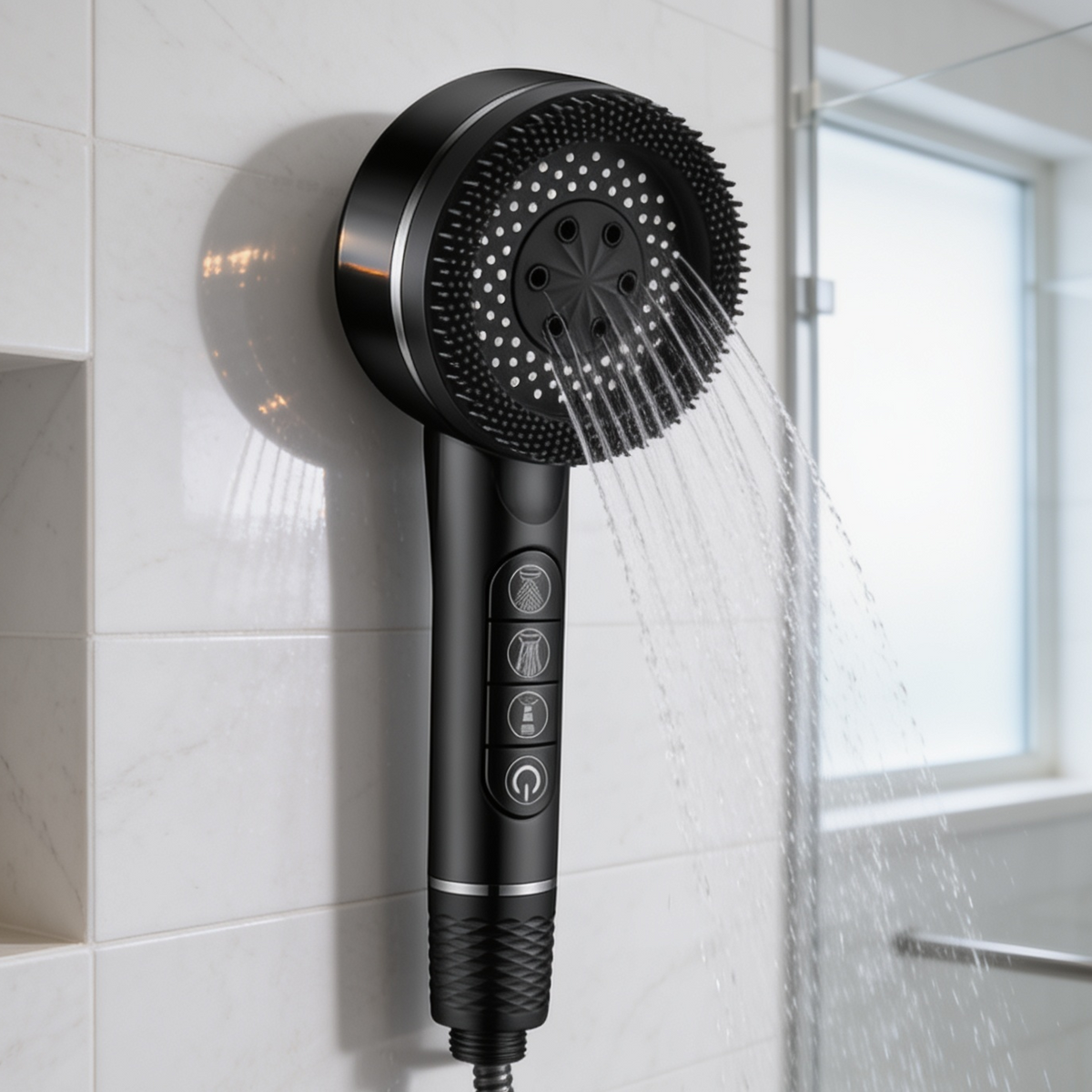 Black handheld shower head spraying water against a tiled shower wall