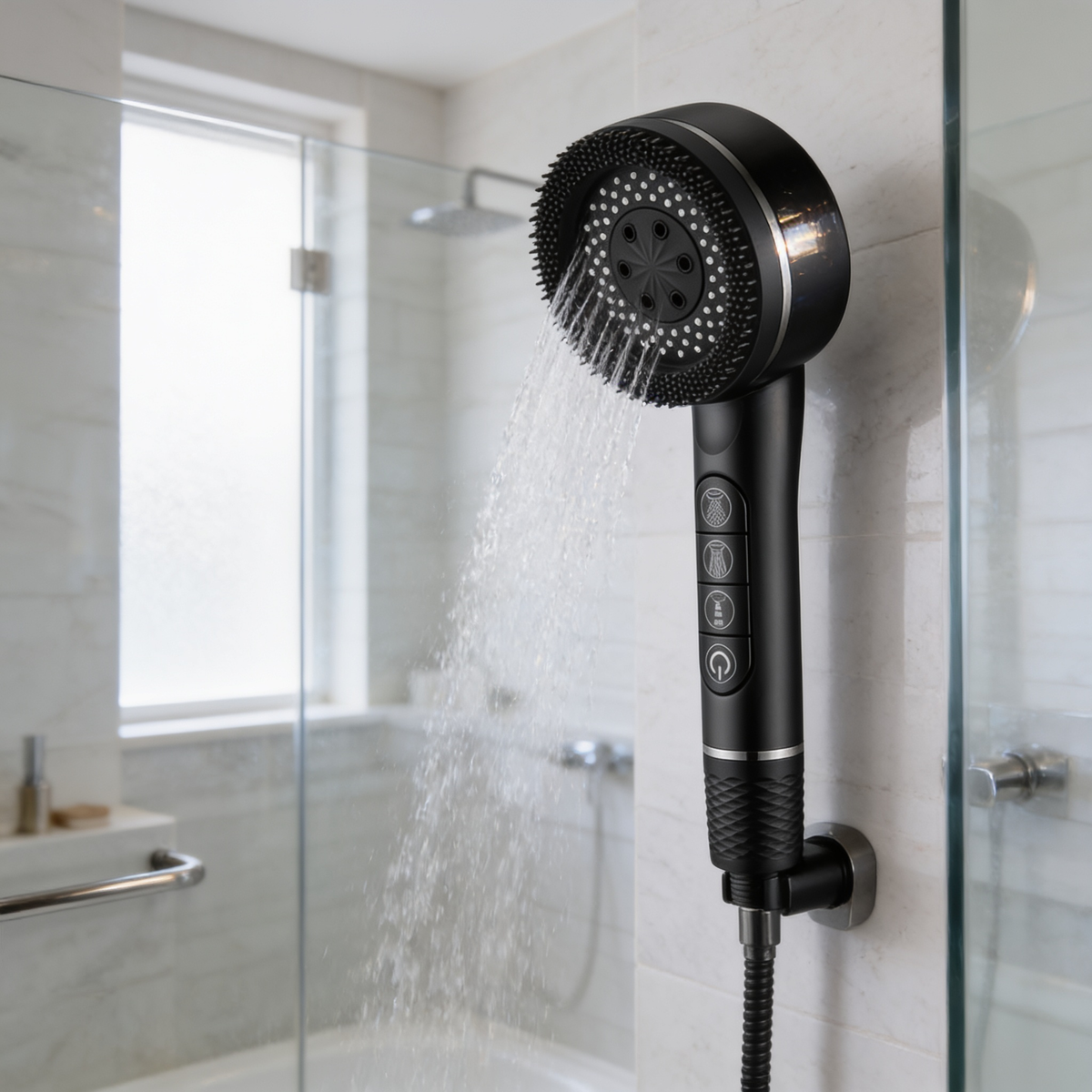 Black shower head resting in its wall bracket inside a glass shower
