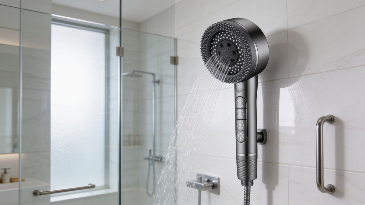 Filtered massage shower head running in a tiled shower