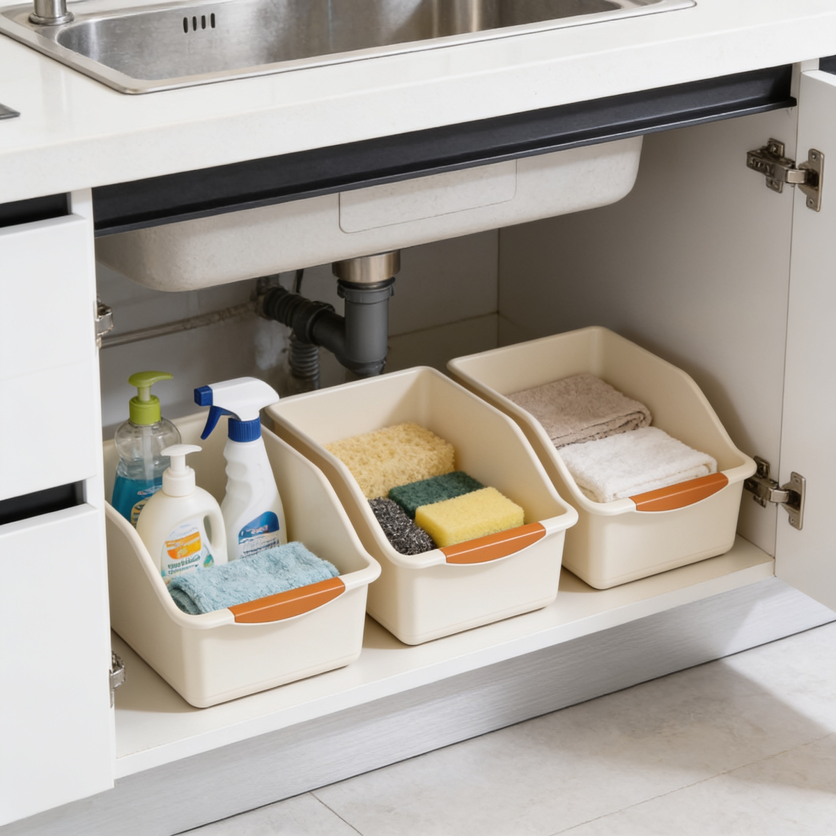 Cream bins with gray grips lined up on a shelf inside an open under sink cabinet
