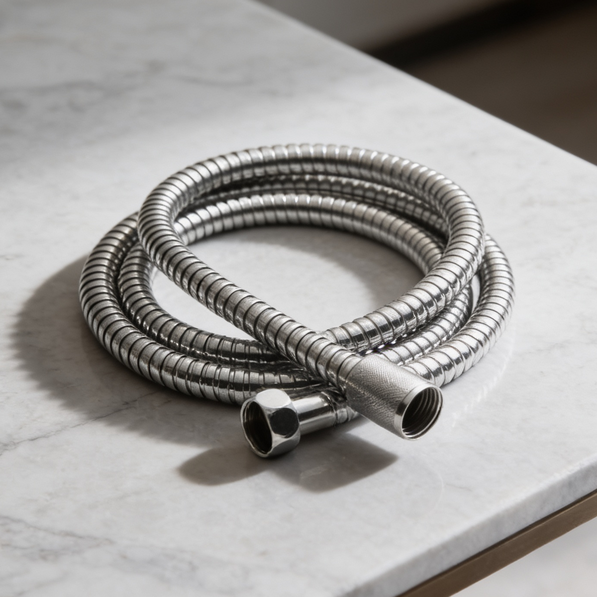 Coiled chrome flexible shower hose lying on a marble counter
