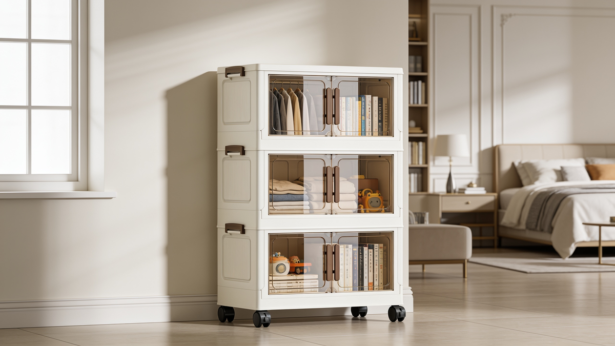 Three tier folding storage cabinet with clear doors and castors