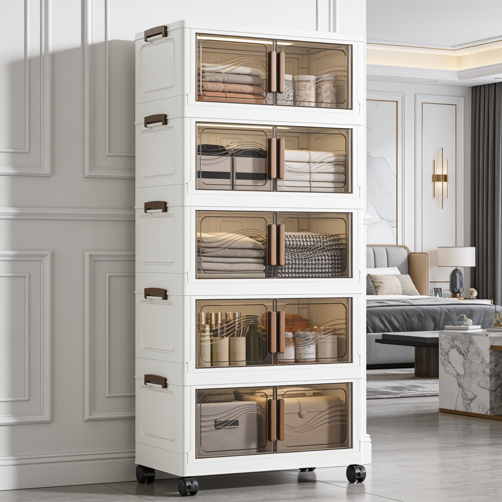 Five tier cabinet with clear doors holding books and woven baskets beside a bed
