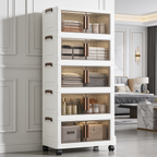 Five tier cabinet with clear doors holding books and woven baskets beside a bed