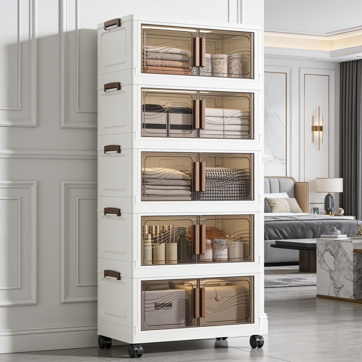 Five tier cabinet with clear doors holding books and woven baskets beside a bed