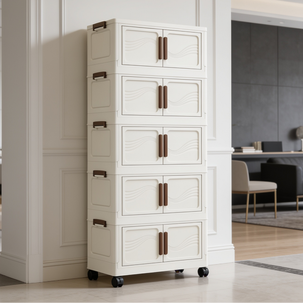 Five tier cabinet with solid doors parked in a hallway near a dining area