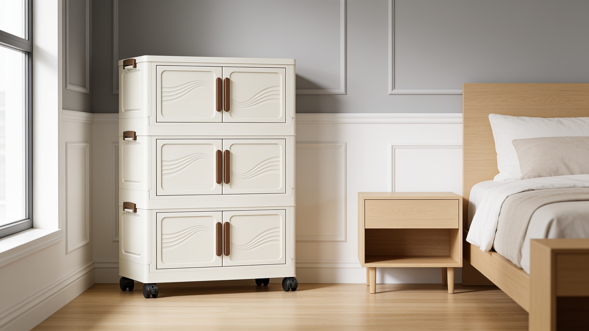Cream folding storage cabinet with leather look door pulls