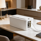 White cable box with the lid closed on a desk with cords running out one end