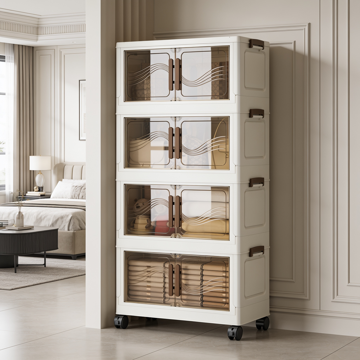 Four tier stacking cabinet with see through doors full of folded linens and books