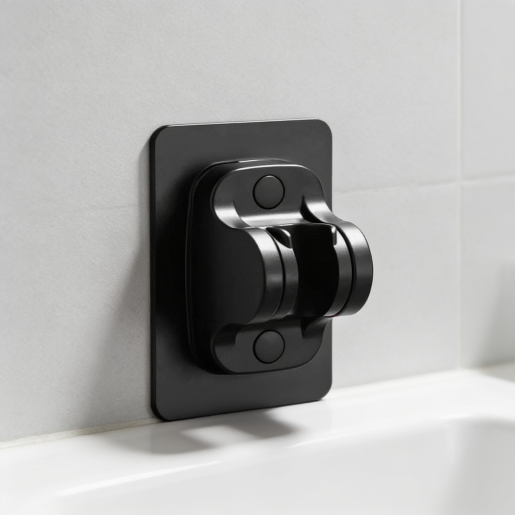 Black wall bracket for the sprayer fixed above the edge of a tub