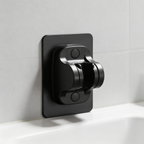 Black wall bracket for the sprayer fixed above the edge of a tub