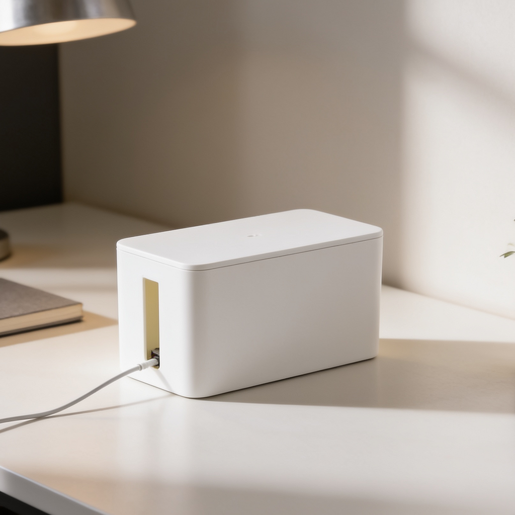 White power strip case on a pale desk with a single cable trailing away