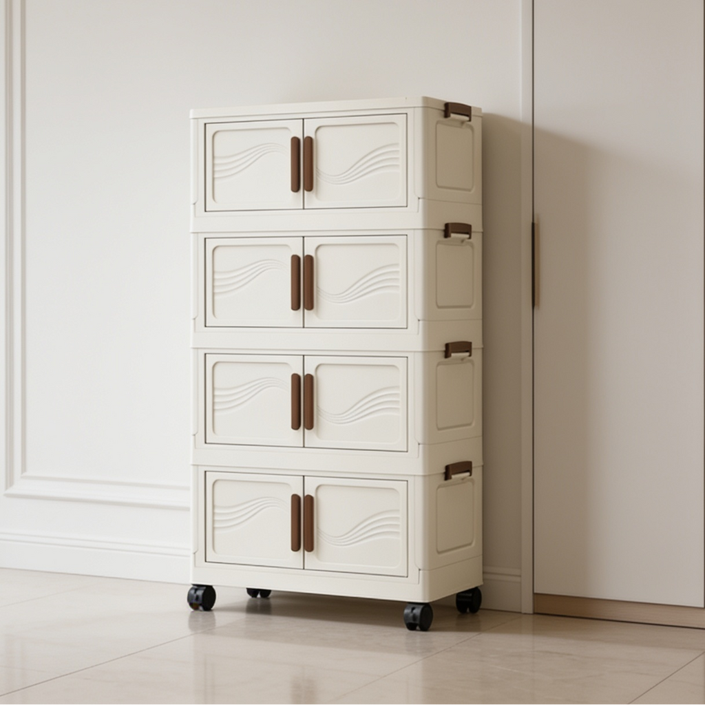Four tier closed cabinet on casters in a hallway with molded wall panels