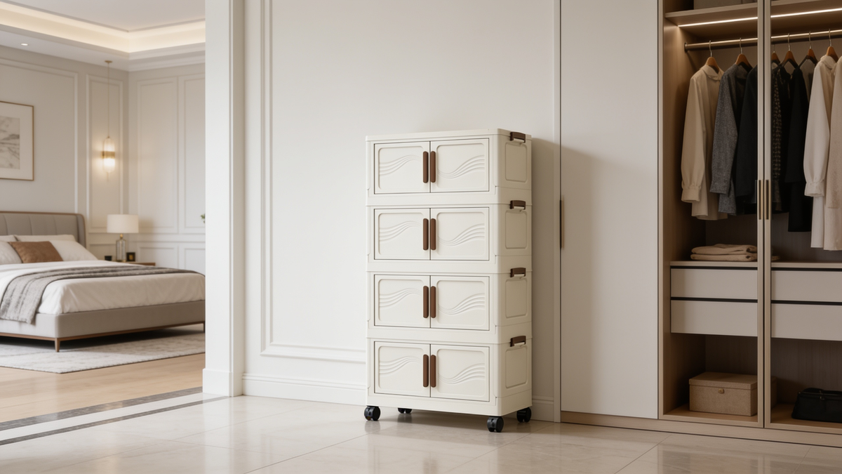 Four tier folding storage cabinet beside a bedroom wardrobe