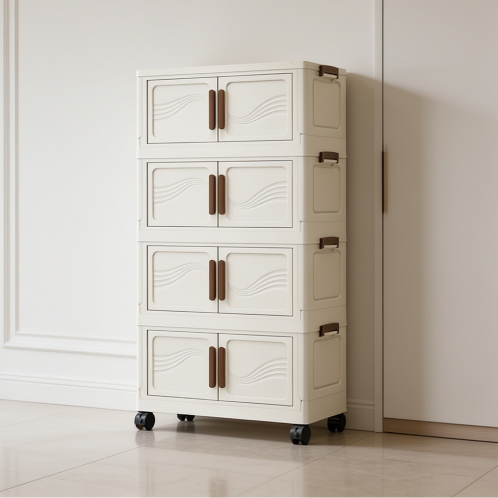 Four tier cream cabinet with solid doors standing on casters by a paneled wall