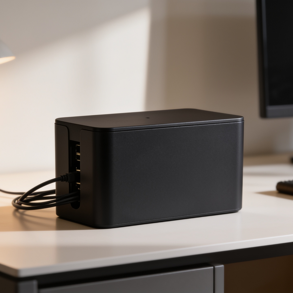 Black cord organizer case on a desk with cables feeding out beside a monitor