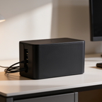 Black cord organizer case on a desk with cables feeding out beside a monitor