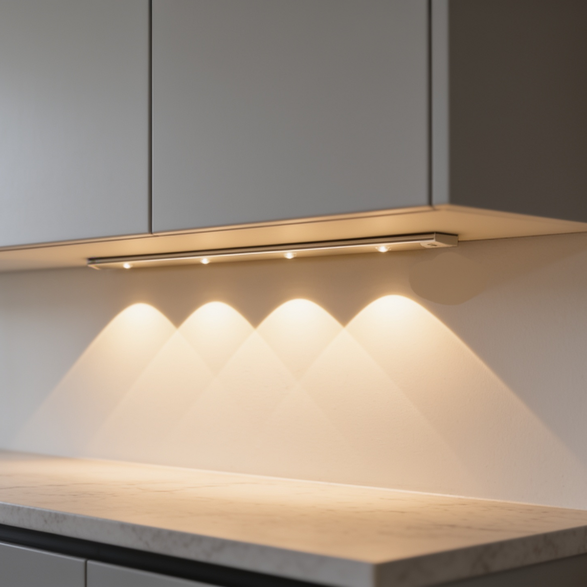 Under cabinet bar casting scalloped pools of warm light on a stone counter