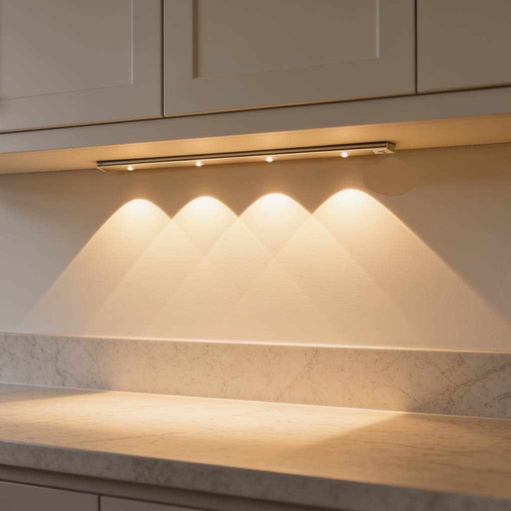 Warm light bar under a cabinet with its glow falling across a wide countertop