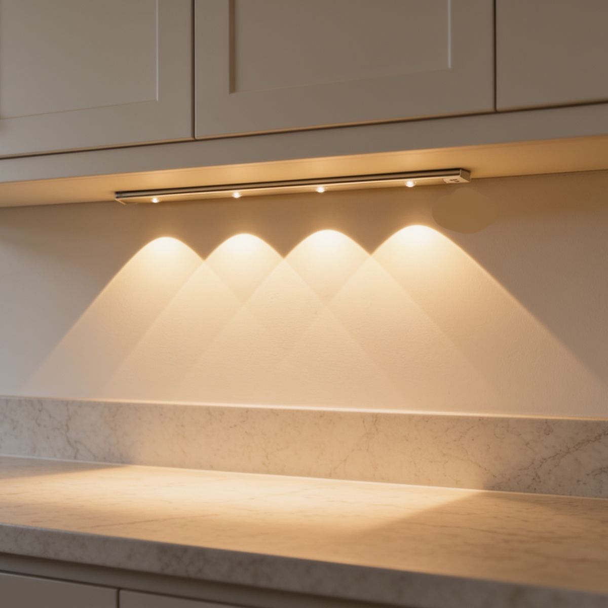 Warm light bar under a cabinet with its glow falling across a wide countertop