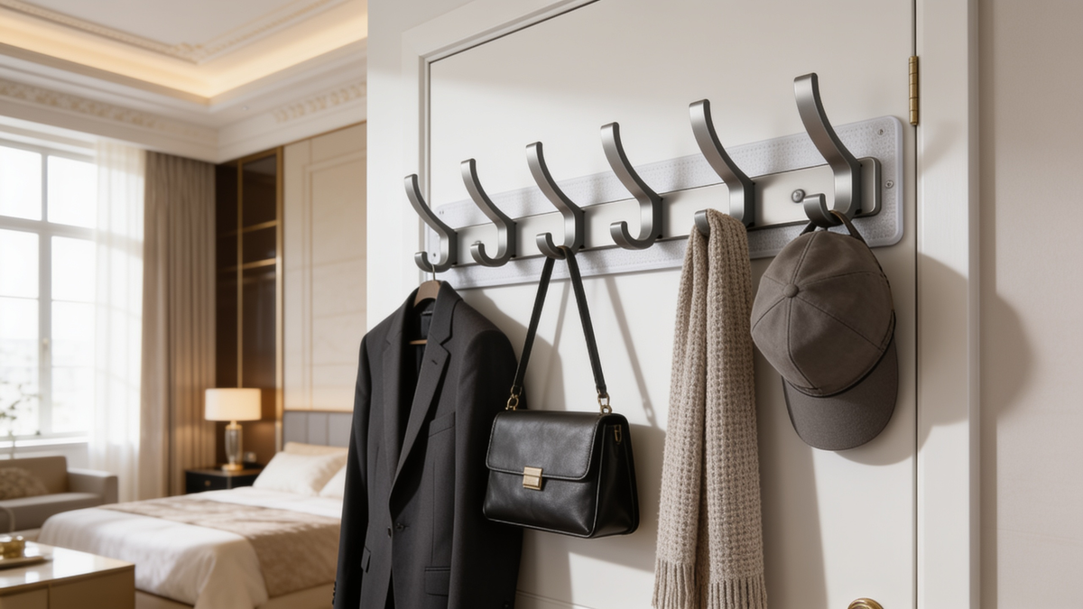 Row of hooks with a coat camera bag and hat on a bedroom wall above the bed