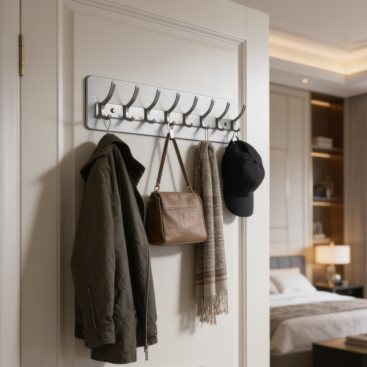 Hook rail beside a wood shelf unit holding a jacket a scarf and a flat cap