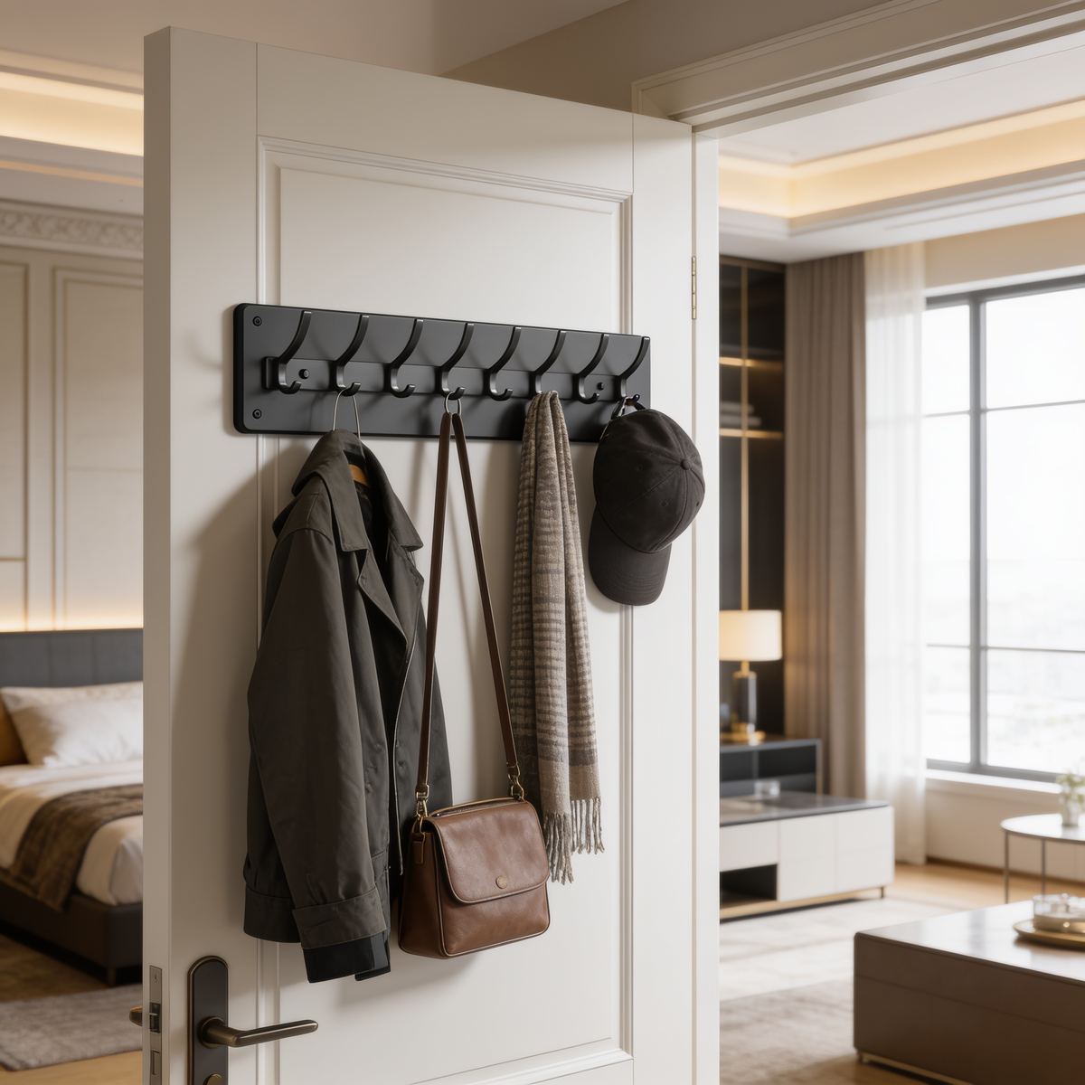 Hook rail on a white door with a coat and cap beside a curtained window