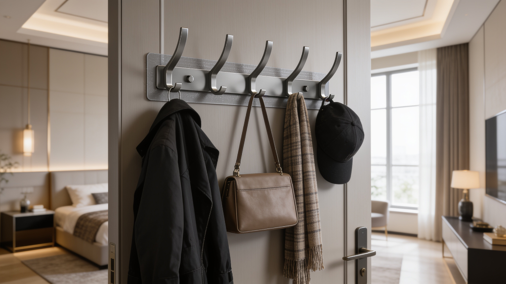Hook rail holding outerwear and a shoulder bag across from a bedside lamp