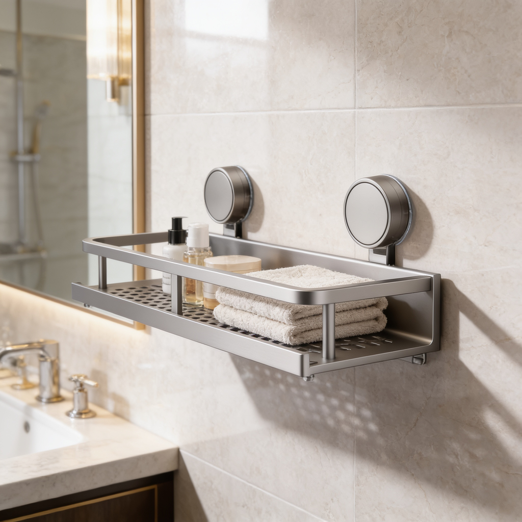 Gray aluminum suction shelf with a slotted base holding bottles above a bathroom vanity