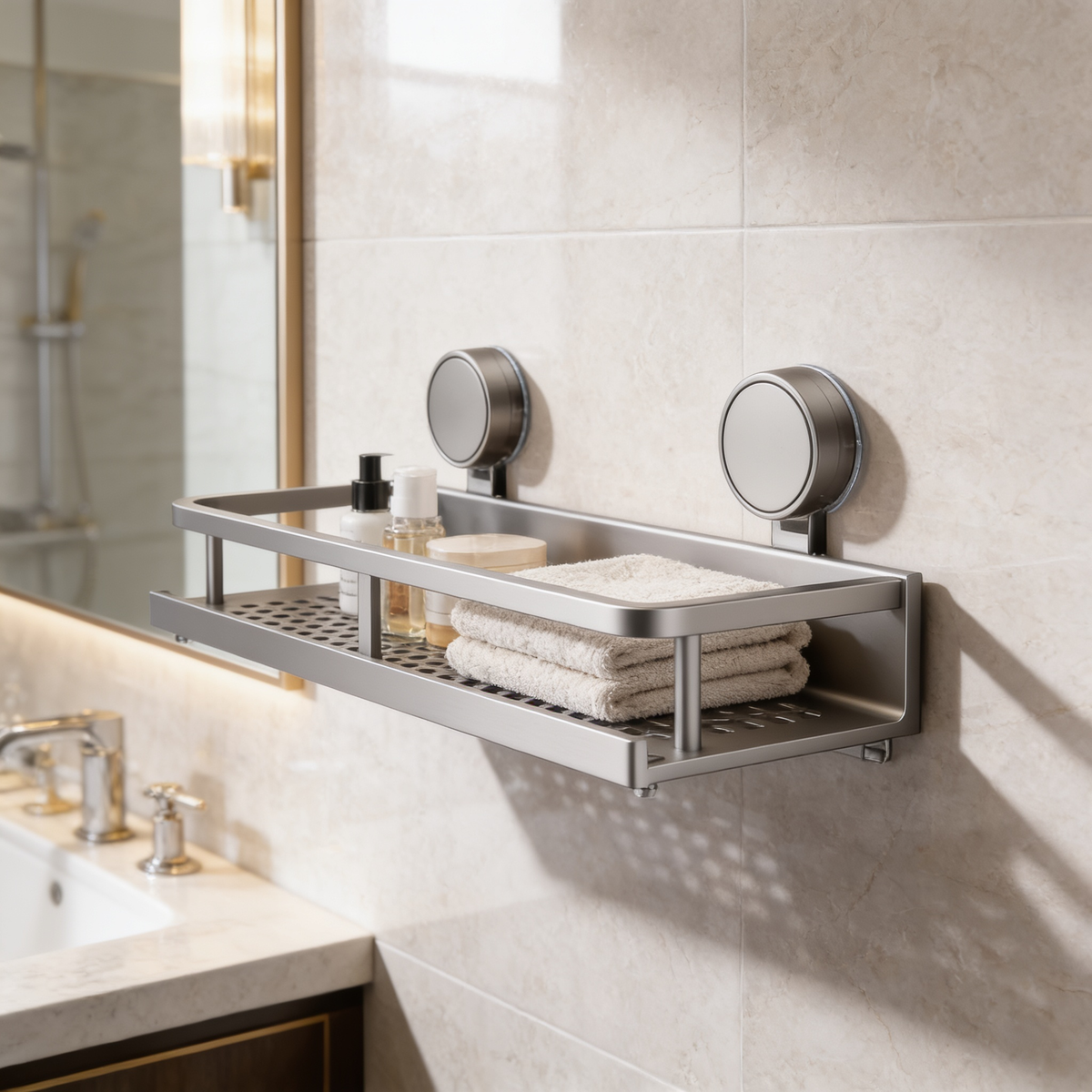 Gray aluminum suction shelf with a slotted base holding bottles above a bathroom vanity