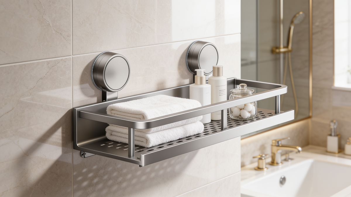 Aluminium suction shelf with a raised rail and folded towels