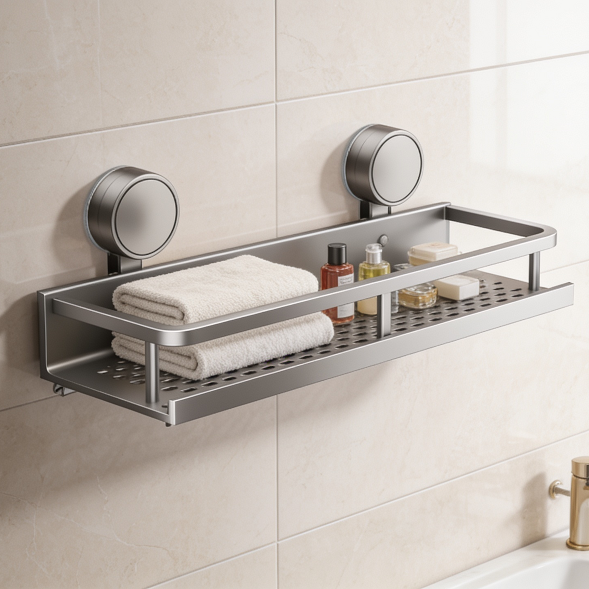 Wall shelf with a rolled white towel and toiletries fixed on beige tile without drilling