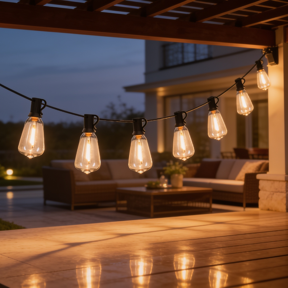 Cafe string lights strung under a wooden pergola above outdoor lounge seating