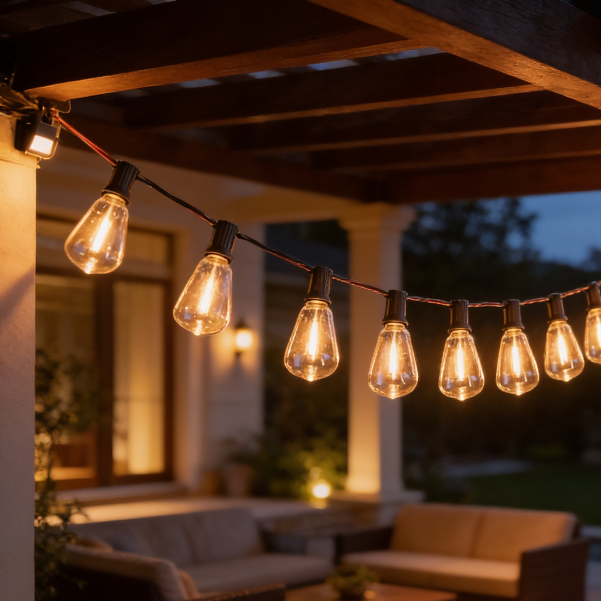 Close view of amber teardrop bulbs hanging from a strand under a pergola beam