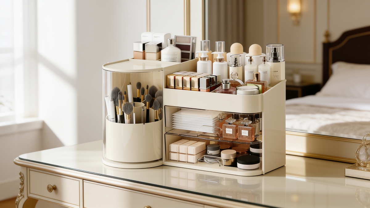 Cream makeup organizer with clear drawers beside a window