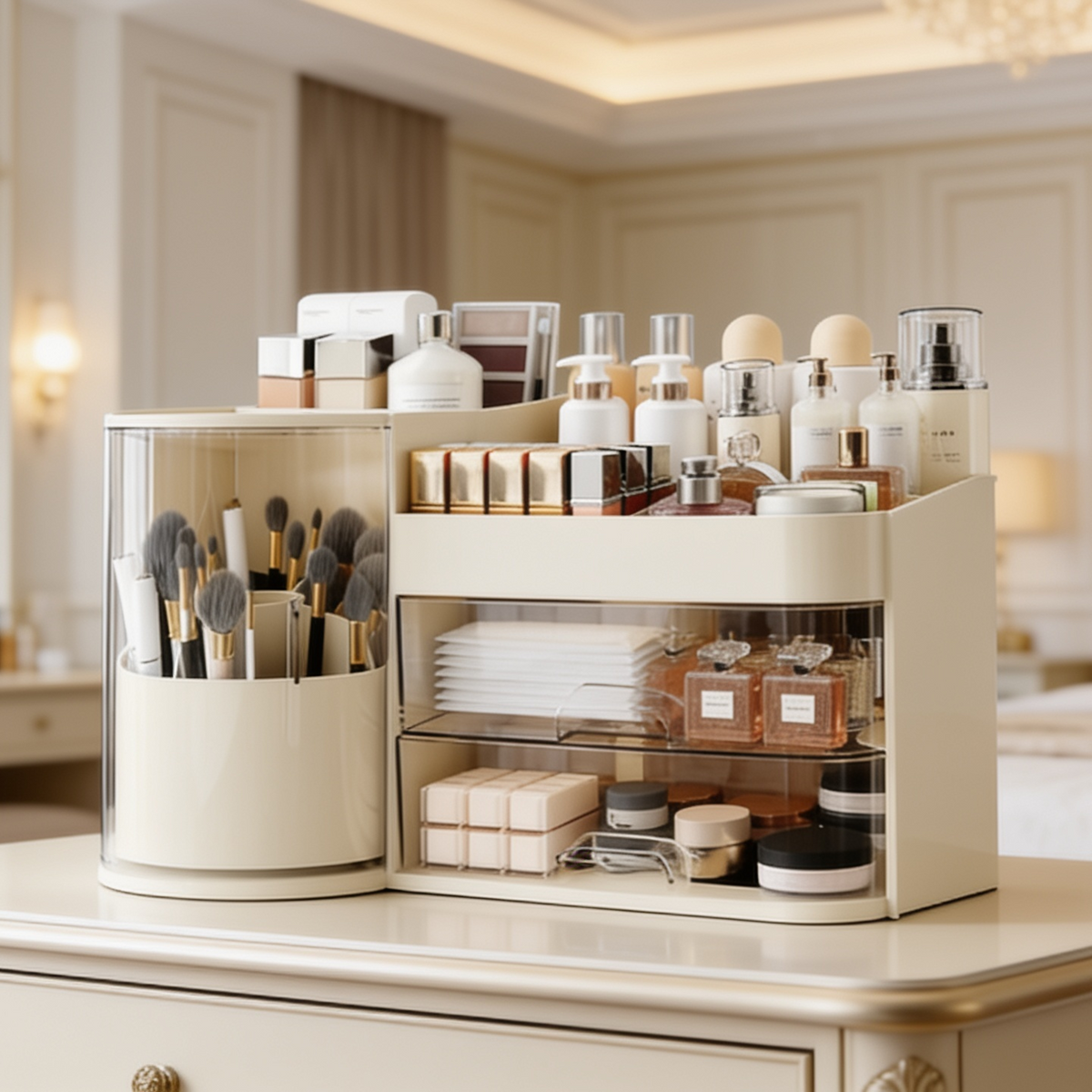 Cream organizer filled with brushes and bottles on a bright vanity top