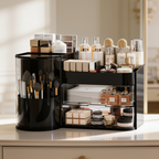 Close view of brushes standing in the rotating holder of the black organizer