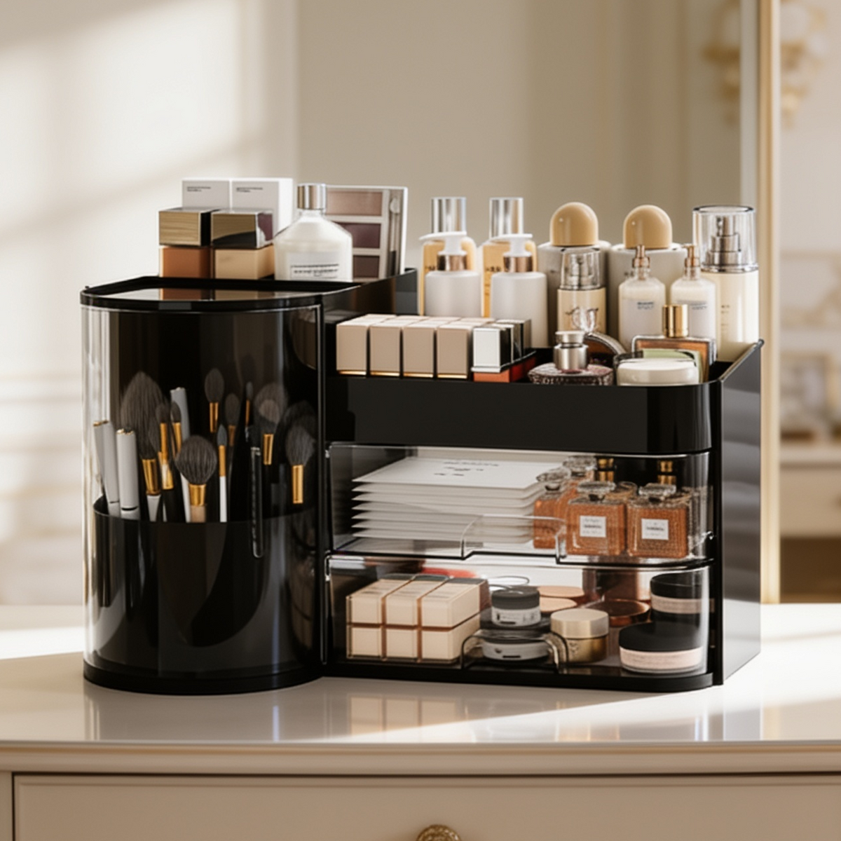 Close view of brushes standing in the rotating holder of the black organizer