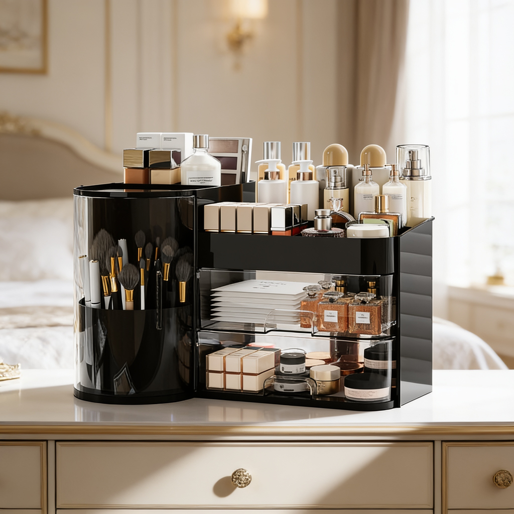 Black cosmetics organizer holding makeup brushes and jars on a vanity