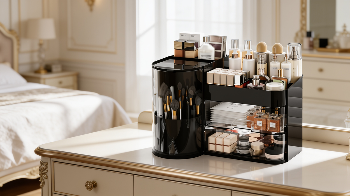 Black makeup organizer with a turning brush well on a dresser