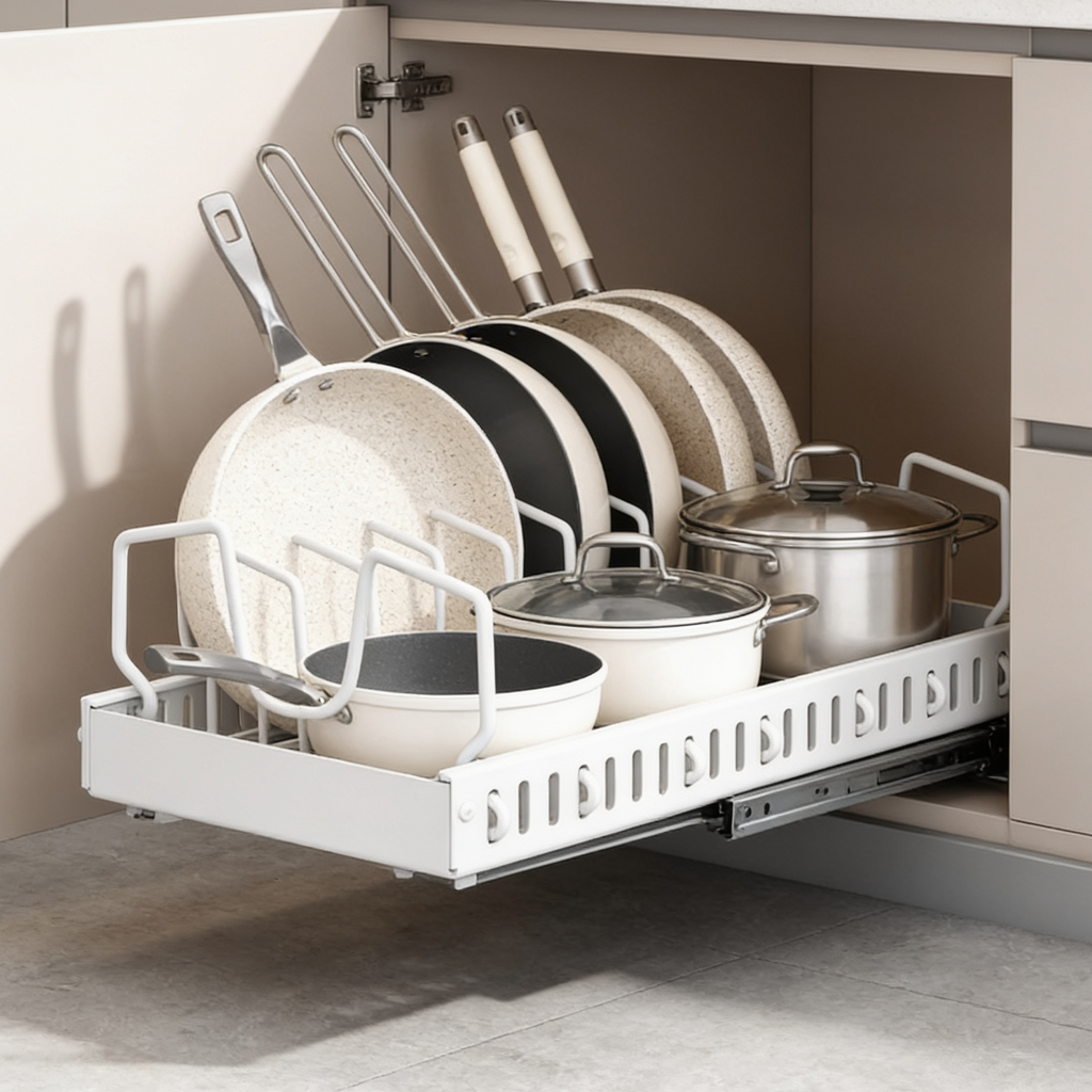 Pull out pan organizer extended from a lower cabinet with lids in place