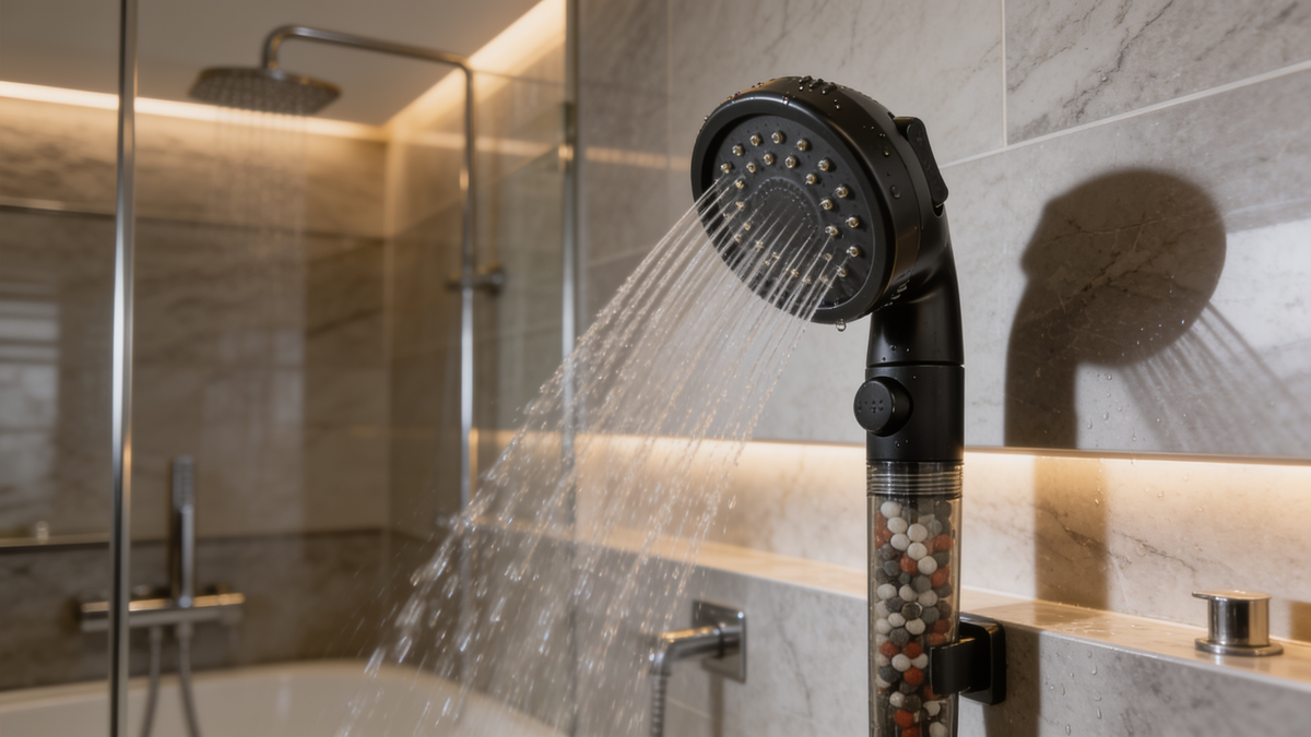 Black mineral filter shower head on a marble bathroom wall