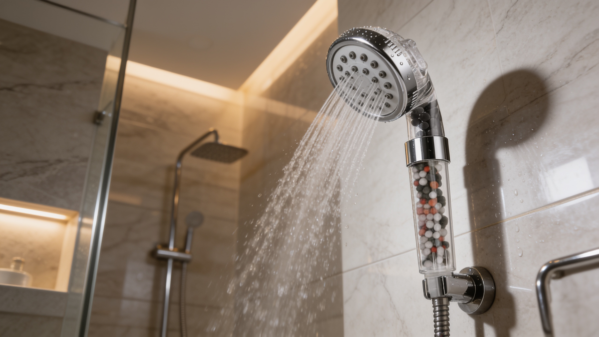 Mineral filter shower head with a clear bead barrel running