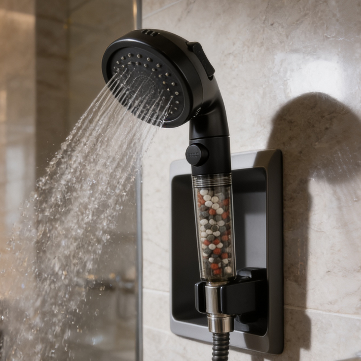 Black sprayer with a clear mineral bead barrel running in a glass shower