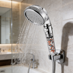 Chrome handheld sprayer running above a tub with a mirror behind