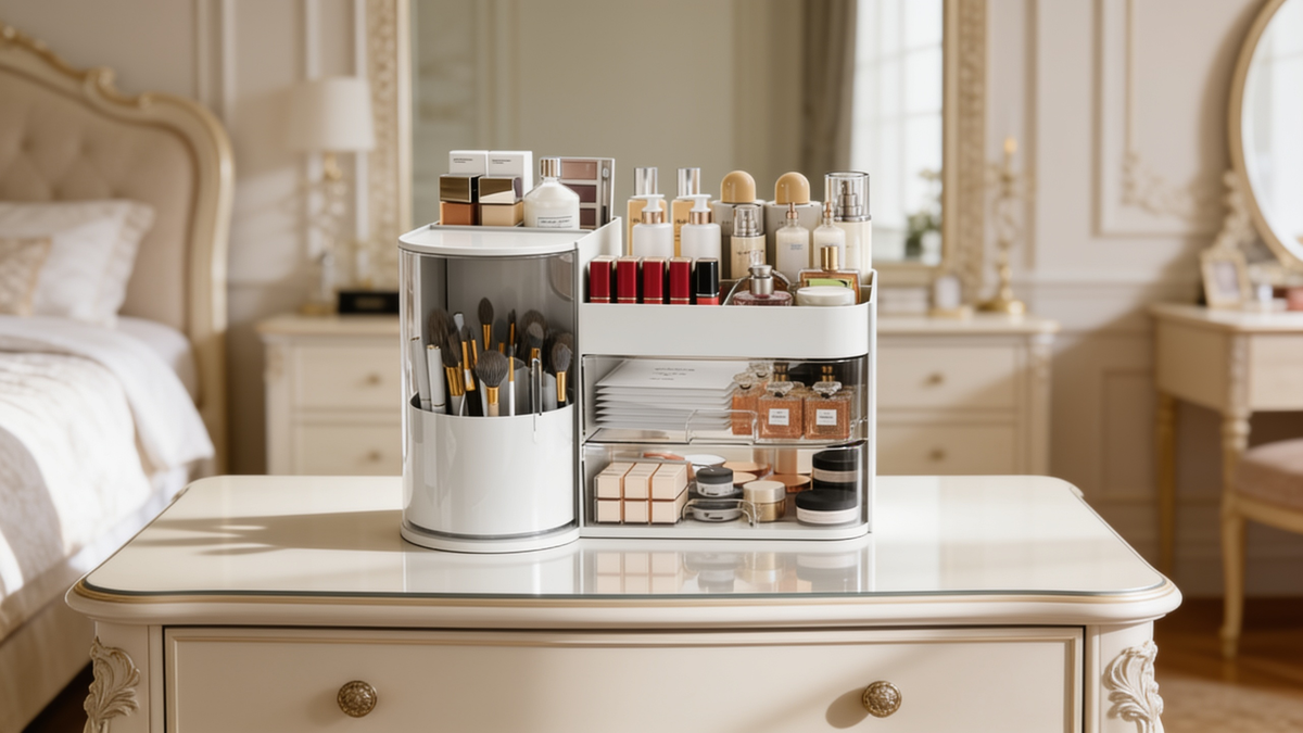 White rotating brush makeup organizer on a cream vanity
