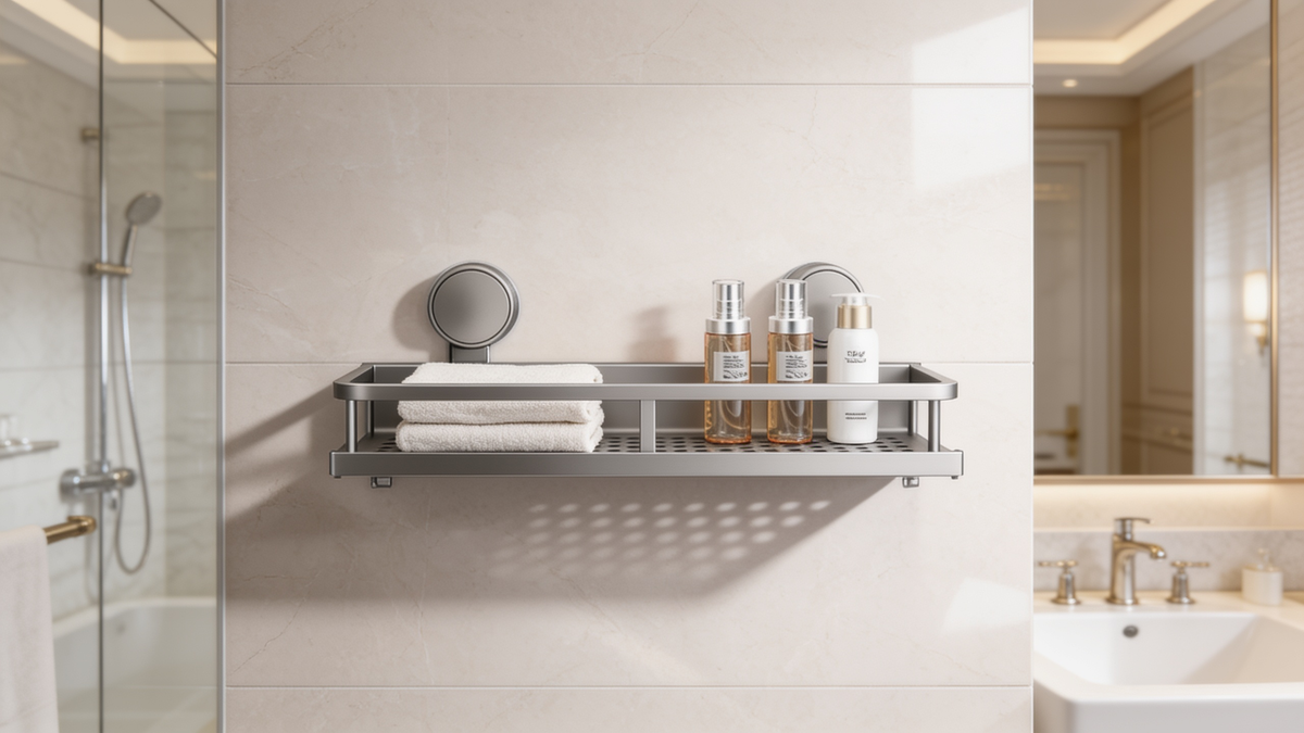 Suction cup bathroom shelf holding towels and bottles on tile